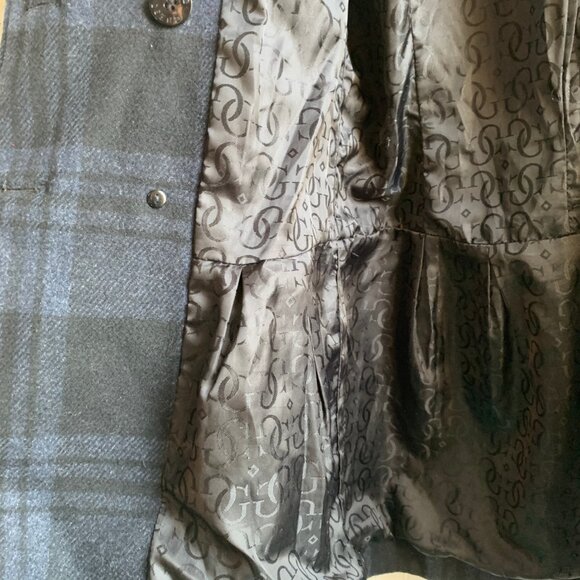 Guess Women's Blue Black Plaid Double Breast Wool Pea Coat Knit Collar Military - Picture 8 of 16
